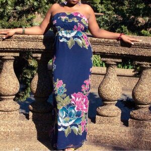 Beautiful navy blue and pink floral empire waist strapless maxi dress size small